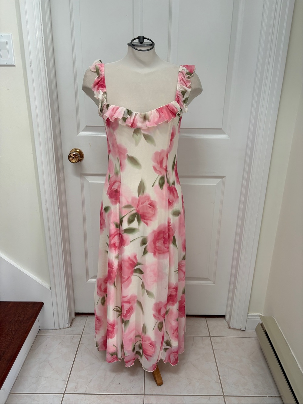 SHEIN Pink and Cream Floral Ruffle-Strap Midi Dress